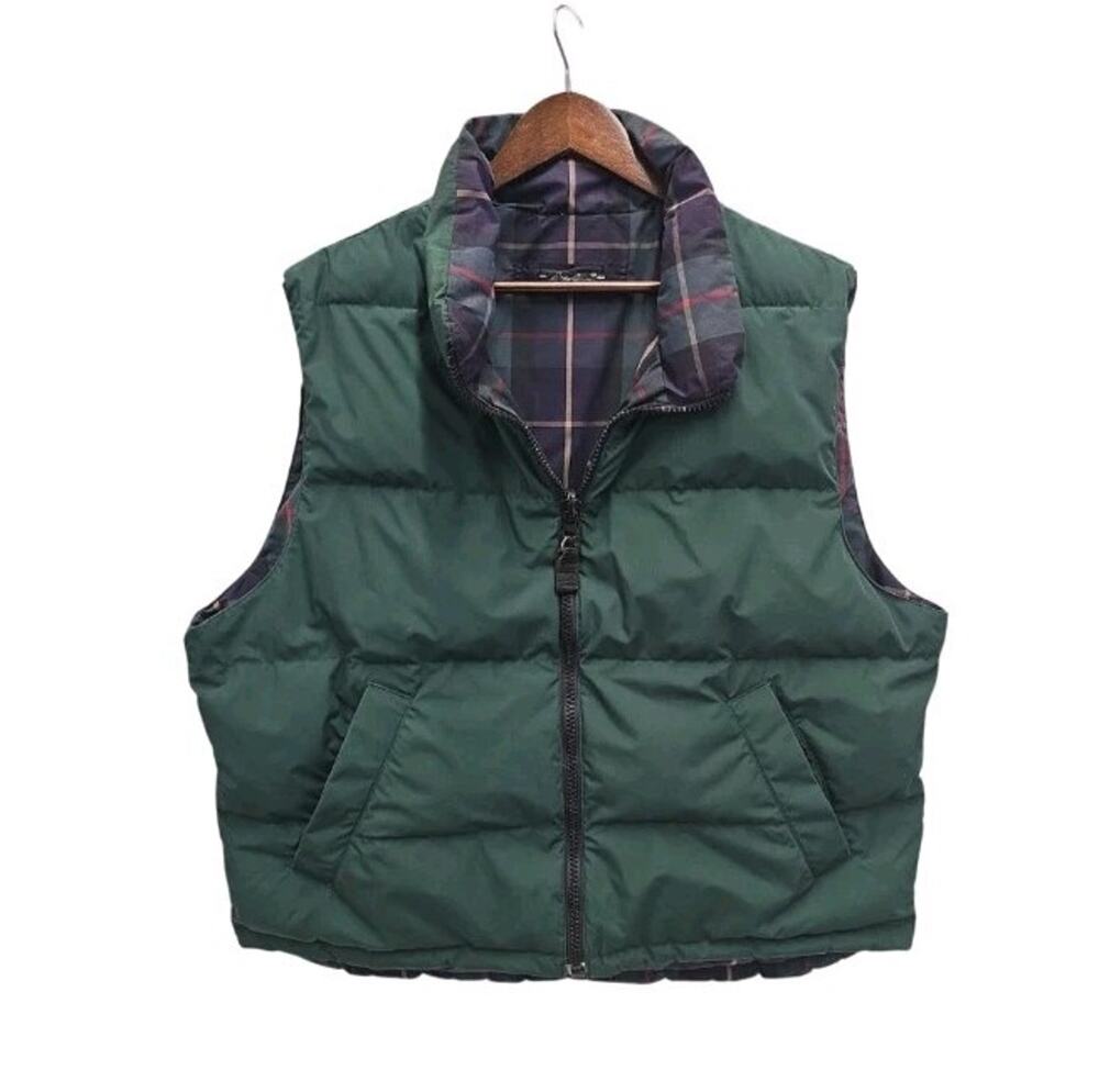 Vintage 90s Eddie Bauer Mens L Goose Down Reversible Puffer Vest Green Plaid